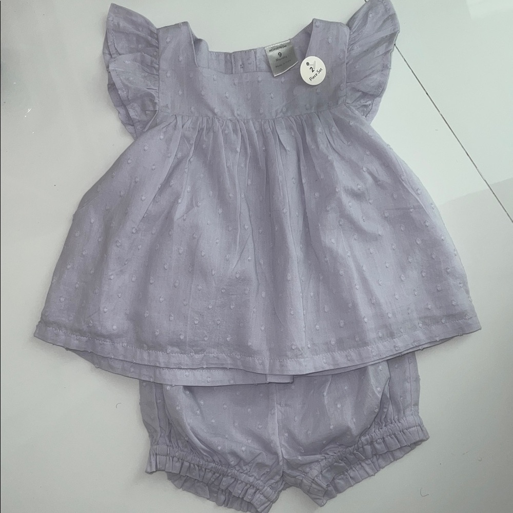 NWT purple cotton Swiss dot two piece set- flutter straps and short bloomers